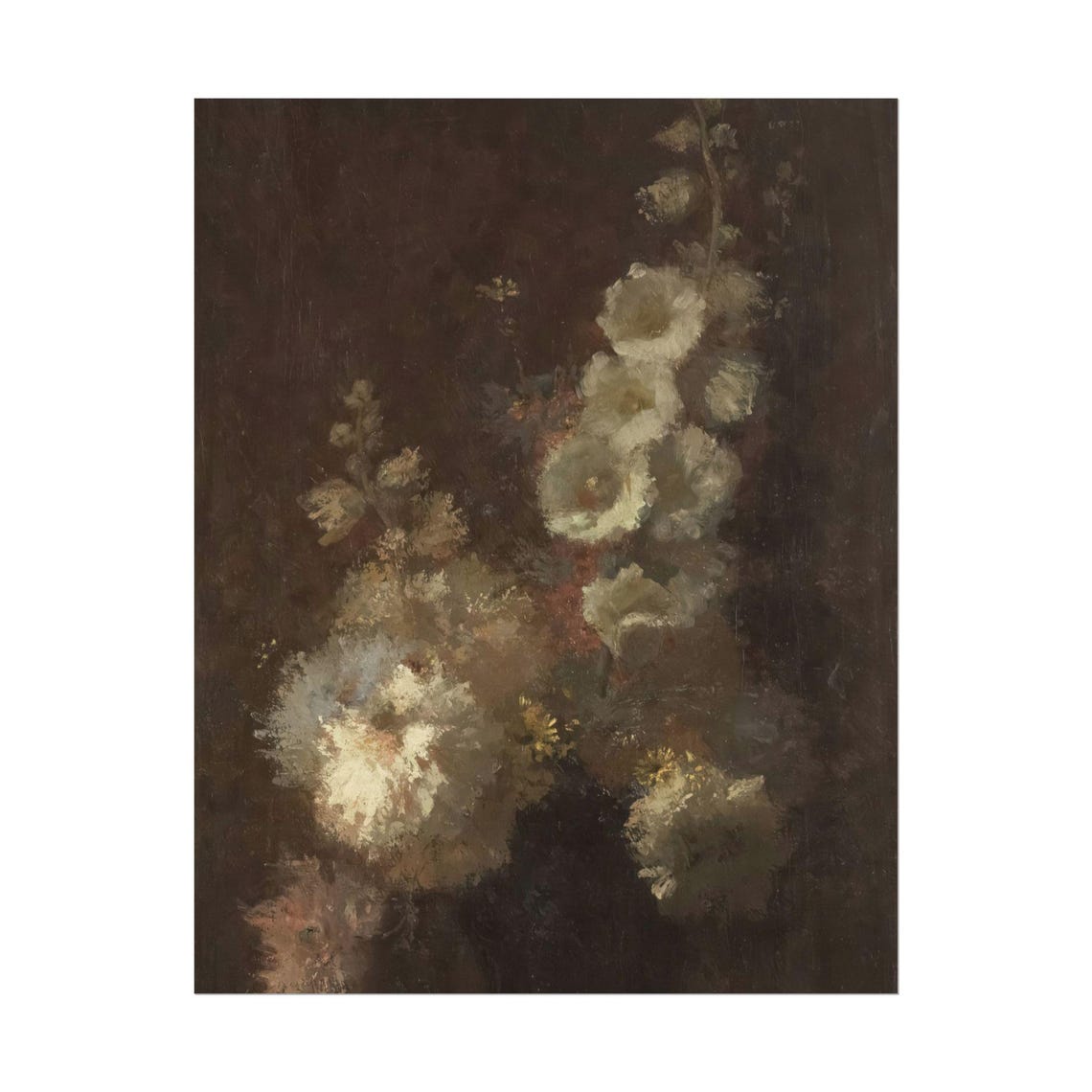 White Hollyhock Spires Dark Moody Vintage Floral Oil Painting Poster - Image 4