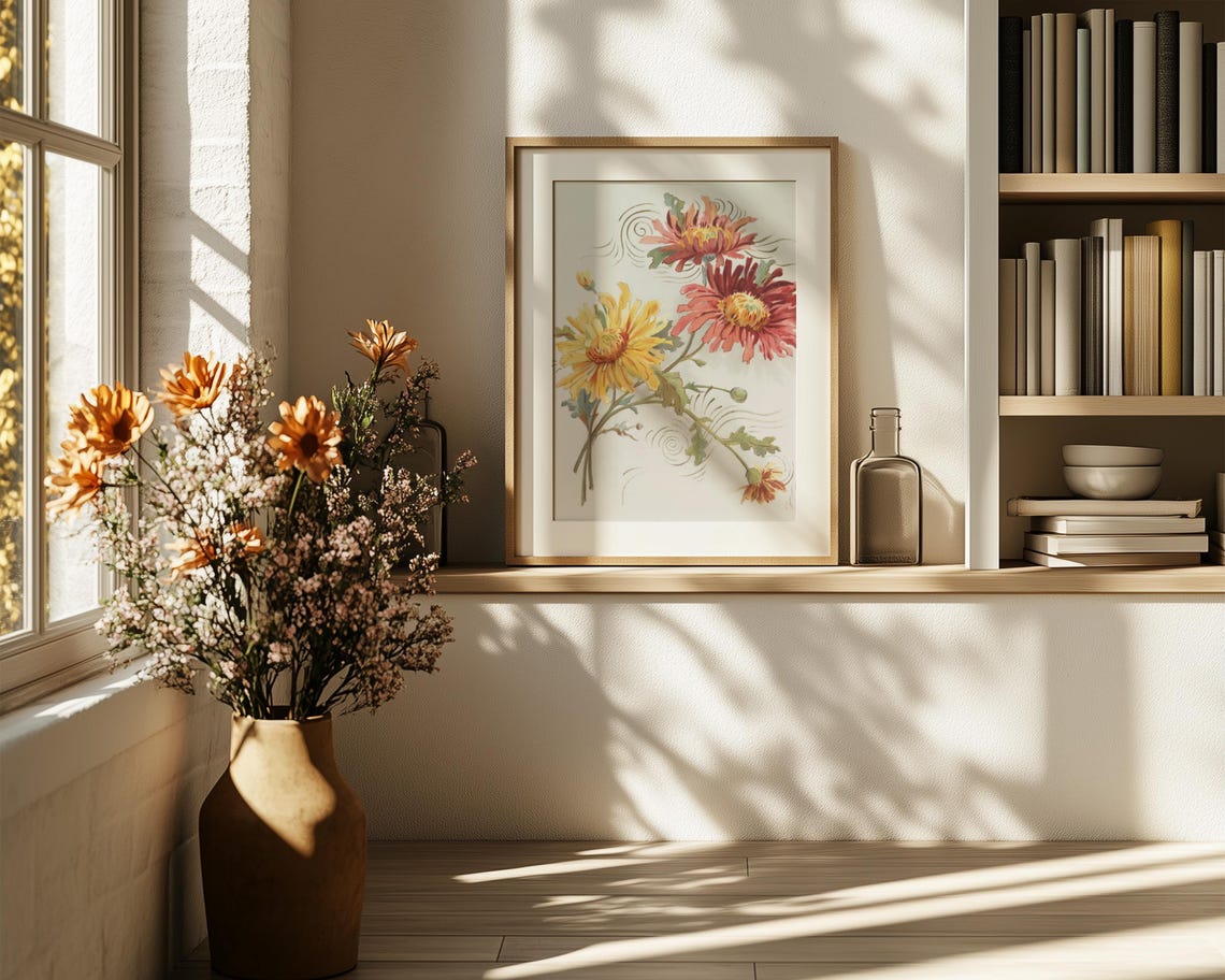 Pink Red And Yellow Chrysanthemum Botanical Framed Decor Print - Image 6