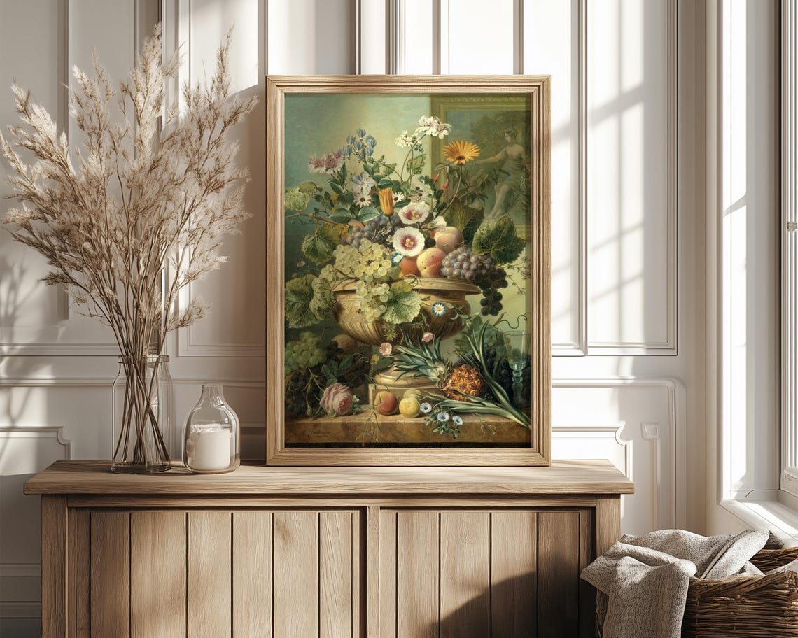 Fruit and Flower Still Life in Golden Urn with Grapes Vintage Poster - Image 4