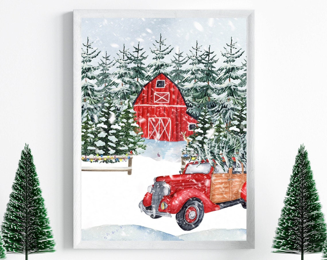 Christmas Tree Farm Red Barn Vintage Red Car Snowy Holiday Poster