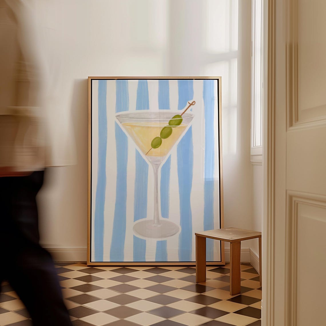 Martini Glass with Olives on Blue Painterly Stripe Bar Cocktail Print - Image 4