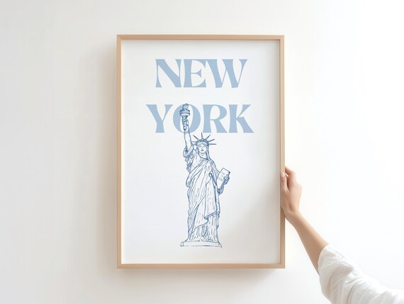 New York Statue of Liberty Minimalist Blue Line Art NYC Travel Poster