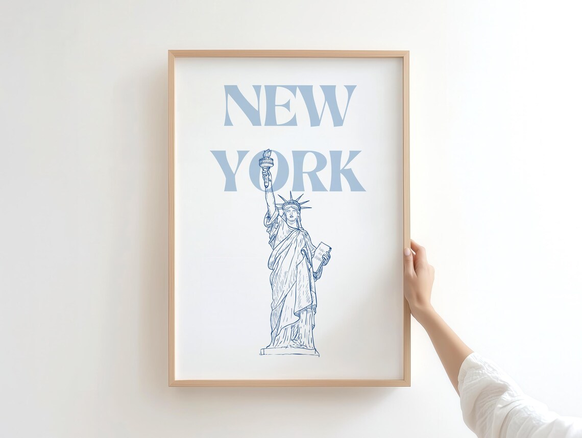 New York Statue of Liberty Minimalist Blue Line Art NYC Travel Poster