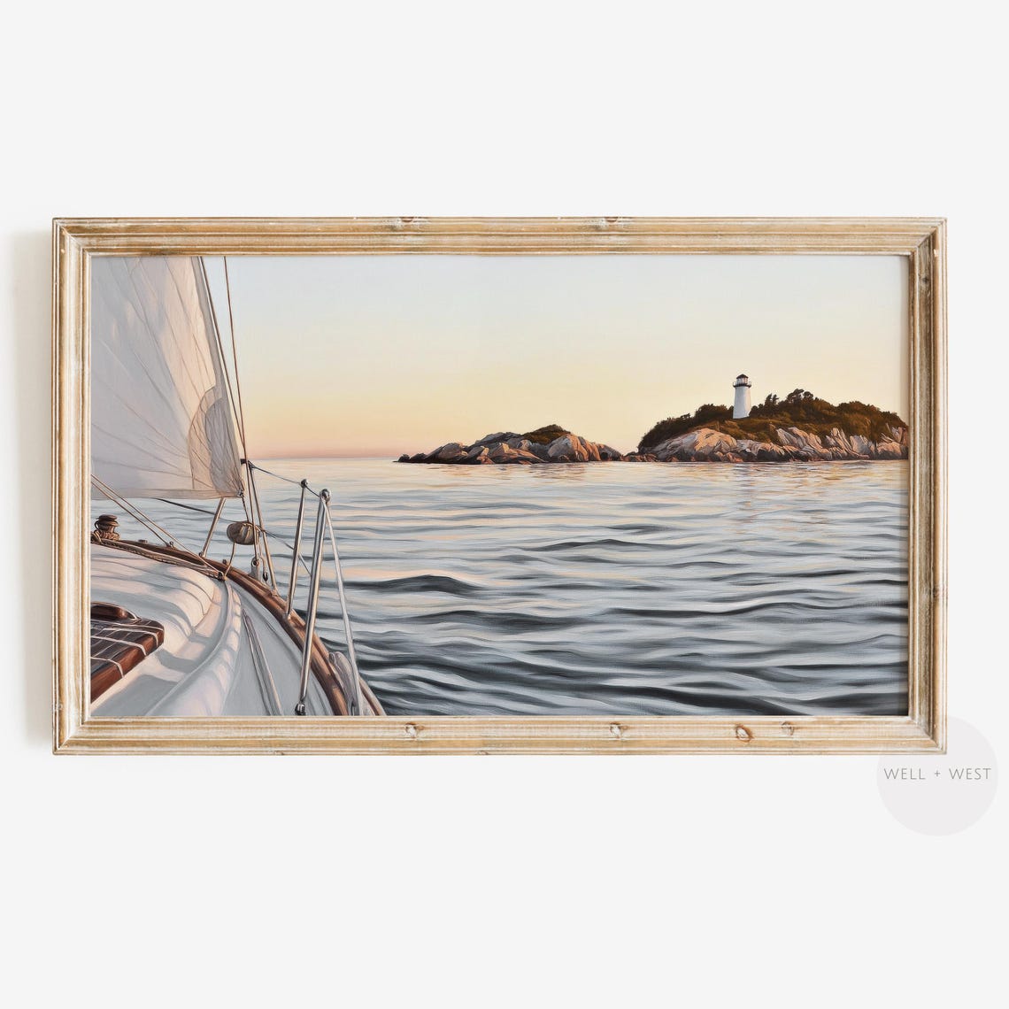 Sailboat Passing Lighthouse Island at Sunset Coastal Seascape Print