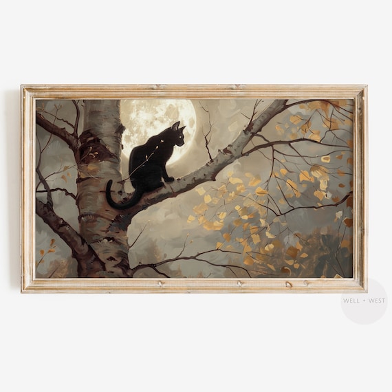 Black Cat In Birch Tree Under Full Moon Autumn Night Vintage Art Print