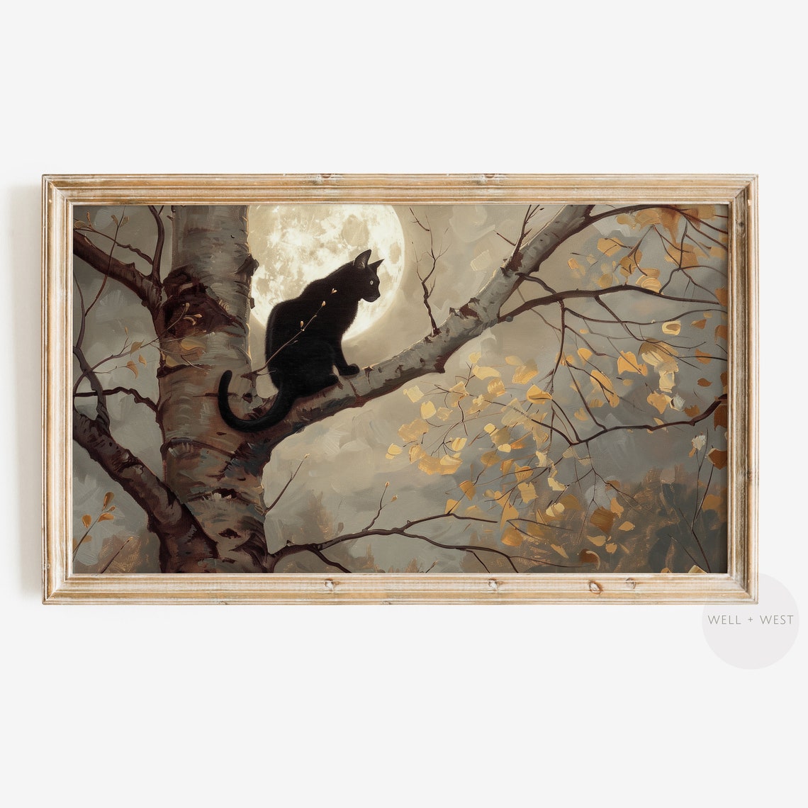 Black Cat In Birch Tree Under Full Moon Autumn Night Vintage Art Print