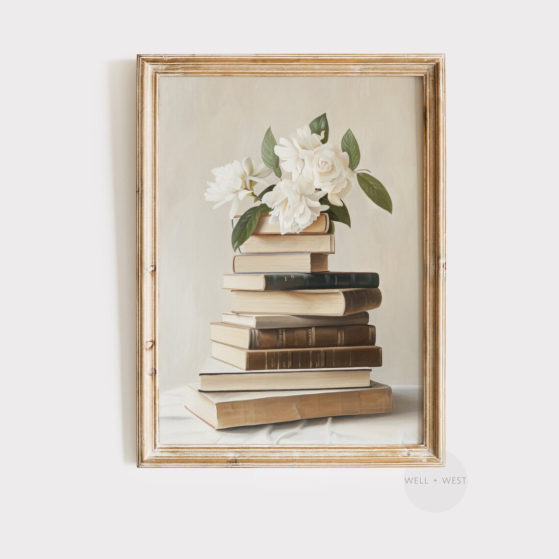 Stack Of Books With White Flowers, Vintage Art Print