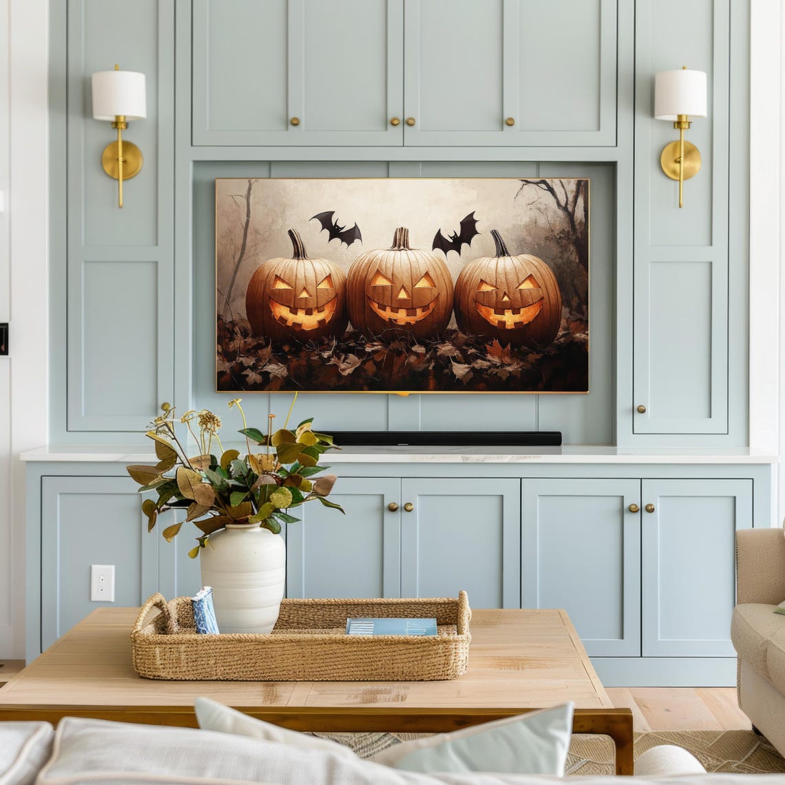 Three Glowing Jack O Lanterns Bats Vintage Halloween Art Print - Image 2