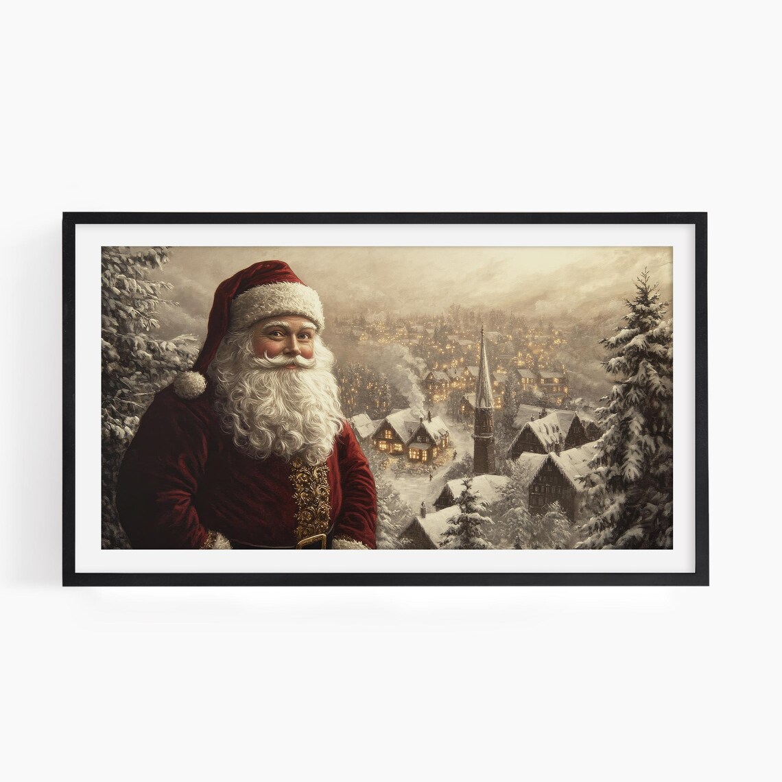 Vintage Santa Claus Overlooking Snowy Village Christmas Town Poster - Image 3