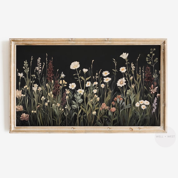 Moody Wildflower Tv Art Vintage Style Flower Painting Dark Aesthetic Fall Floral Dark Flower Field Burgundy Botanical Art Tv405