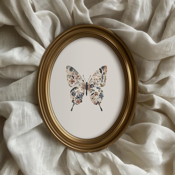 Vintage Butterfly Floral Painting, Cottagecore Decor