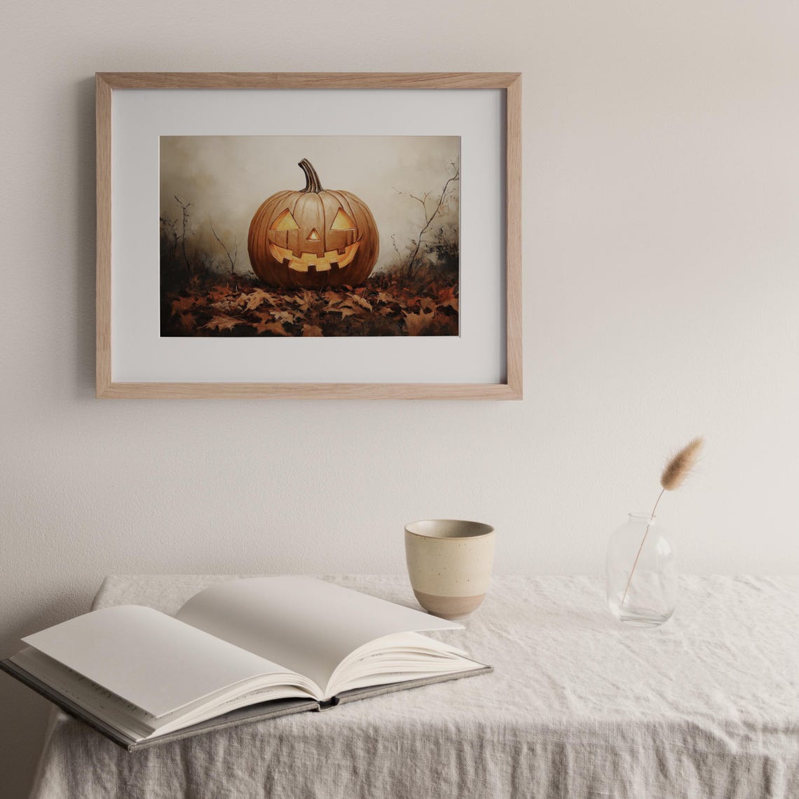 Glowing Jack O Lantern Pumpkin Autumn Leaves Vintage Fall Art Print - Image 3