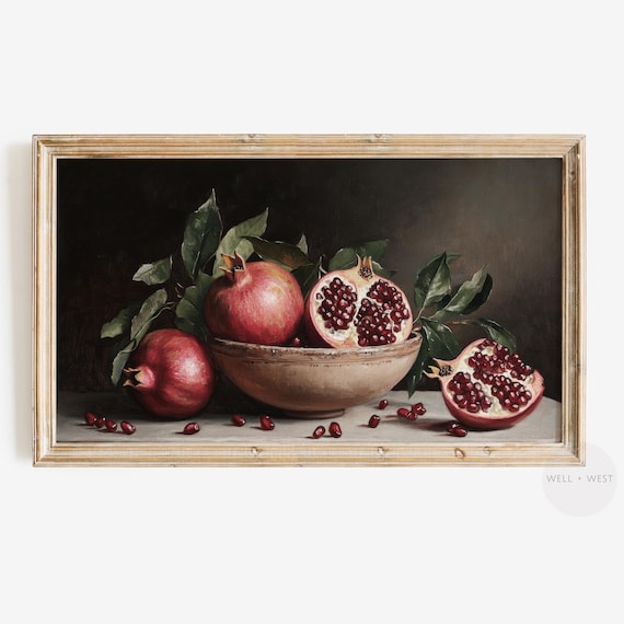 Vintage Pomegranate Frame Tv Art Dark Moody Pomegranate Painting Fall Fruit Still Life Autumn Thanksgiving Decor Holiday Art Tv298