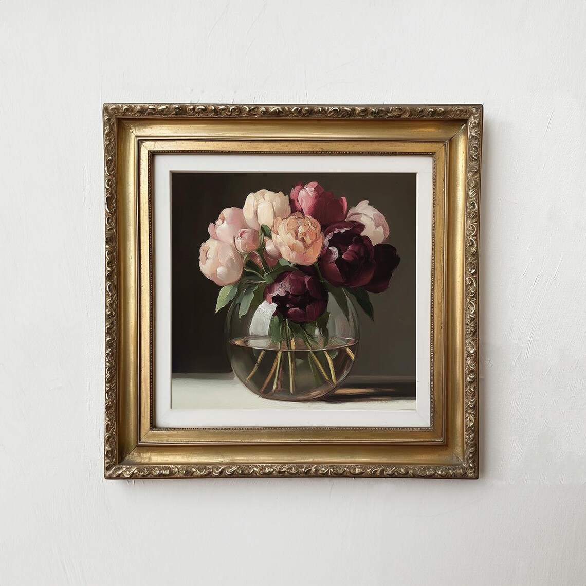 Burgundy and Blush Peonies in Glass Vase Dark Floral Still Life Print - Image 2