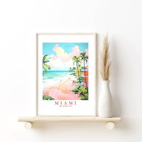 Miami Travel Poster Florida Print Retro Pink Orange Teal Beach Painting Magic City Landscape Dorm Kitchen Bedroom Instant