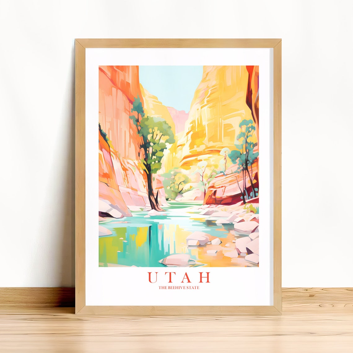 Utah The Beehive State Sunlit Canyon River Retro Travel Poster