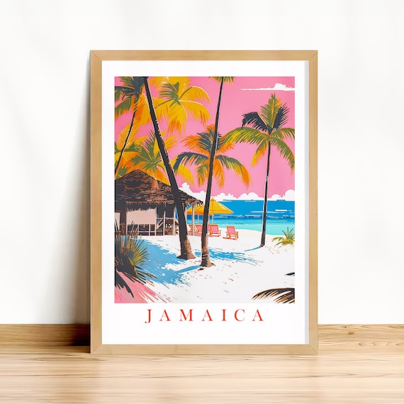 Jamaica Beach Pink Sky Tropical Palm Paradise Retro Travel Poster