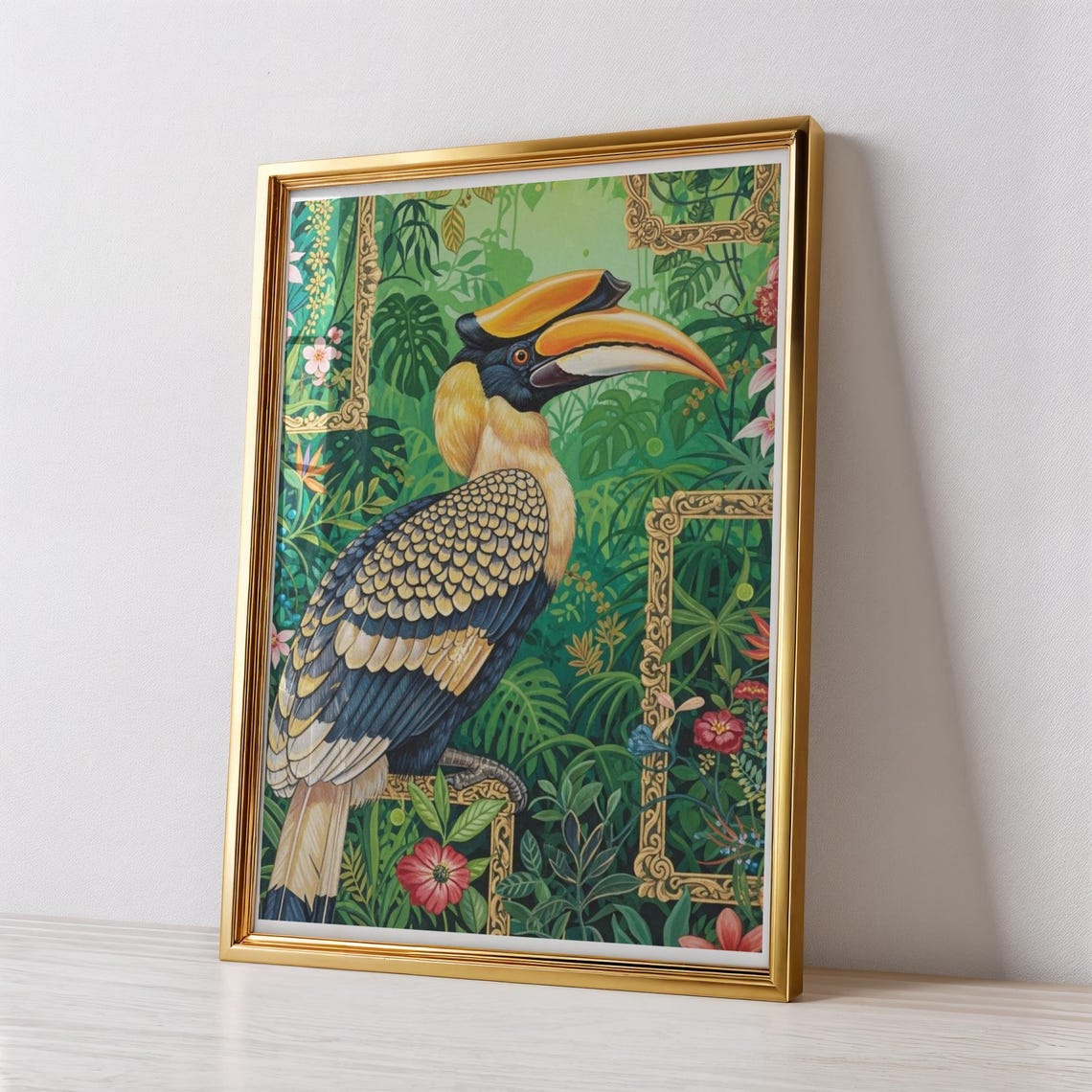 Great Hornbill Lush Jungle Ornate Gold Frames Bird Art Poster