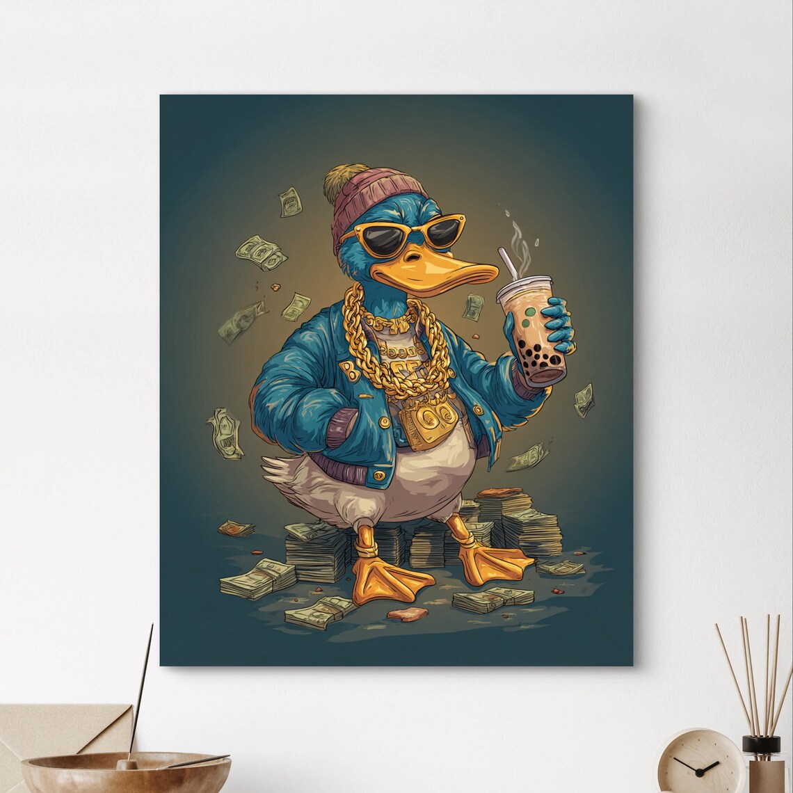 Gangster Duck With Bubble Tea Sunglasses Money Funny Animal Art Poster
