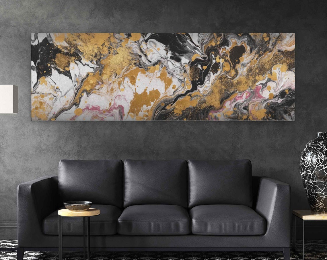 Black Gold White Panoramic Marble Splash Abstract Wall Art Poster