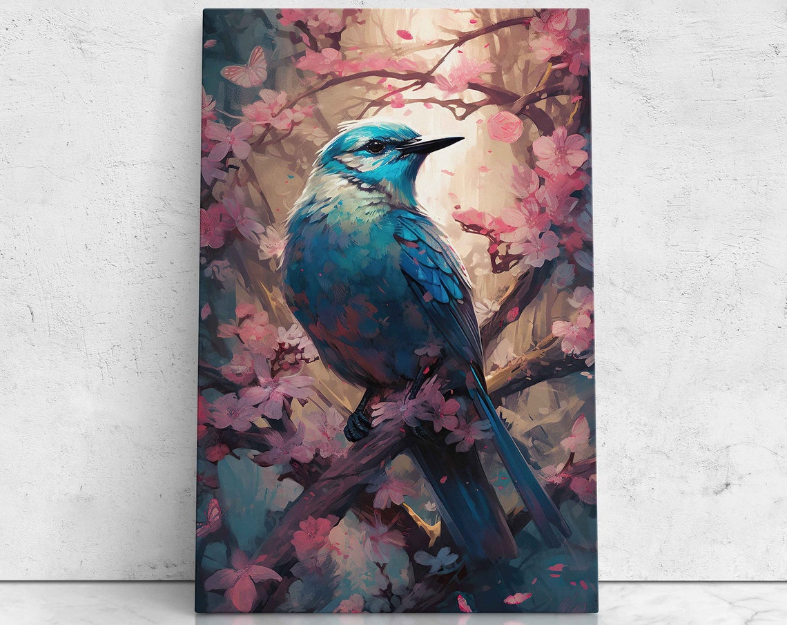 Blue Bird Perched In Cherry Blossoms Spring Wildlife Art Poster
