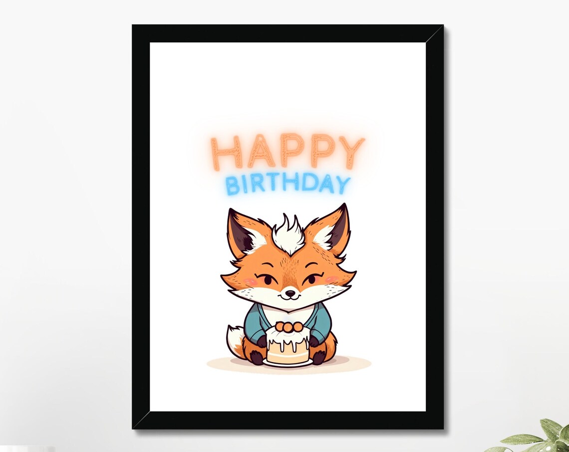 Happy Birthday Cute Fox Cake Party Kids Room Birthday Gift Art Poster