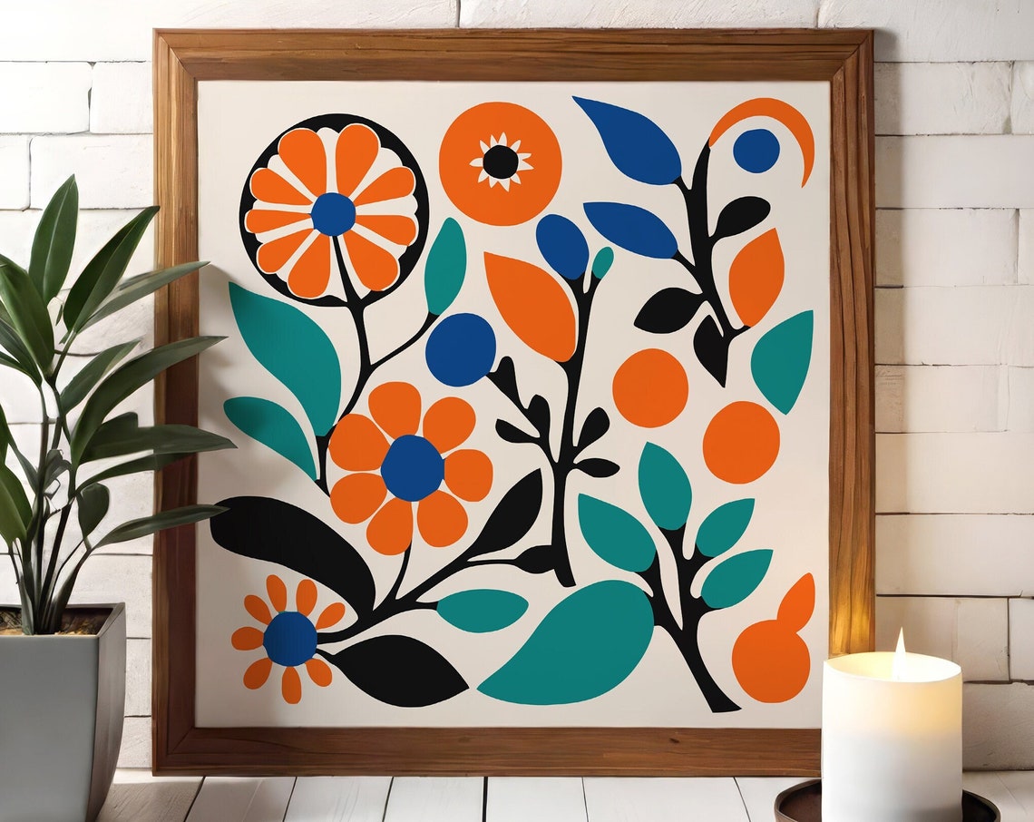 Orange Blue Retro Floral Folk Style Bold Botanical Pattern Print