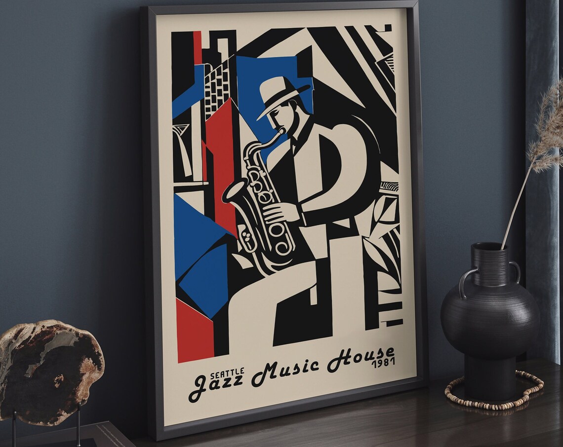 Seattle Jazz Music House 1987 Saxophone Player Art Deco Poster - Image 6