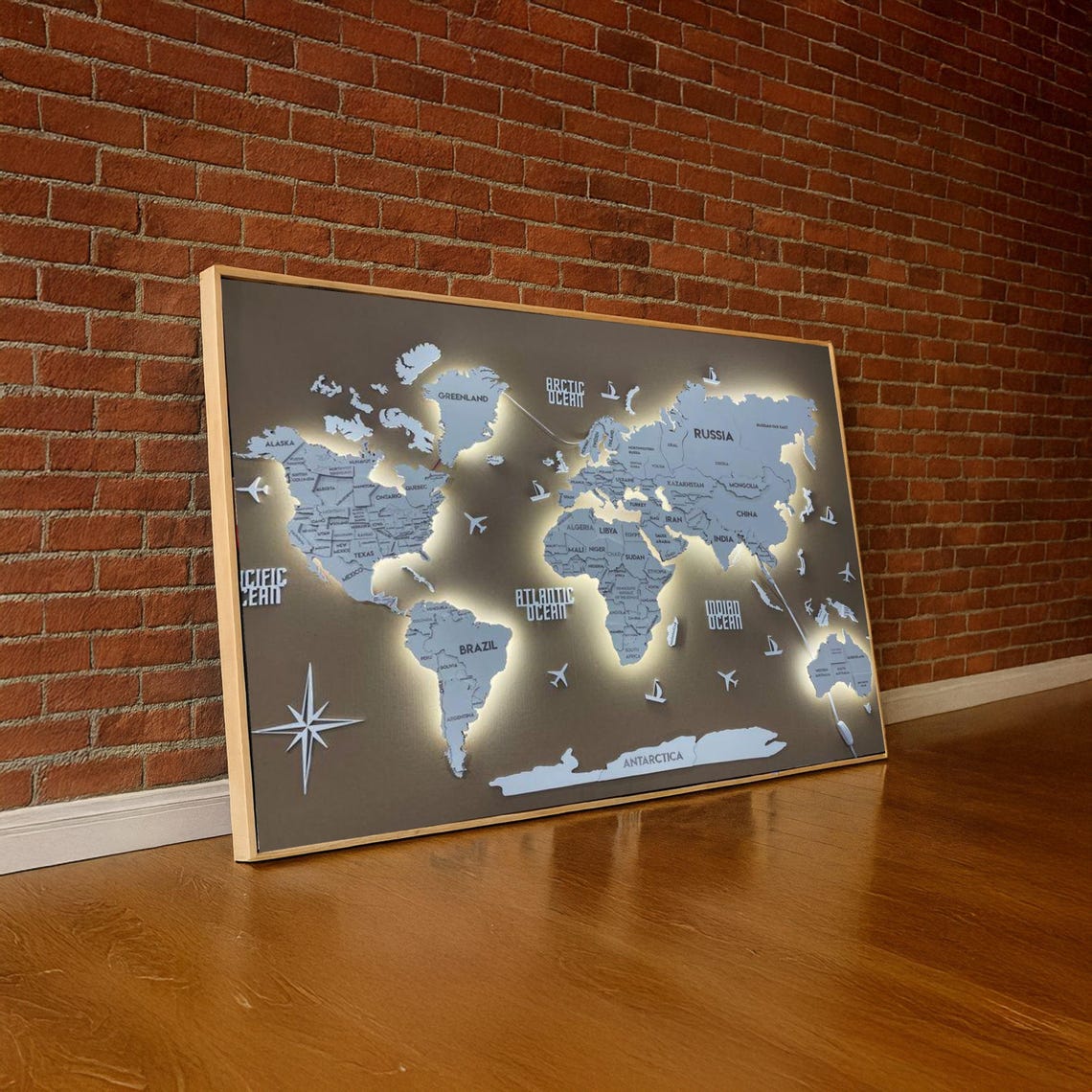 Illuminated 3D World Map Ocean Labels Led Backlit Style Wall Art