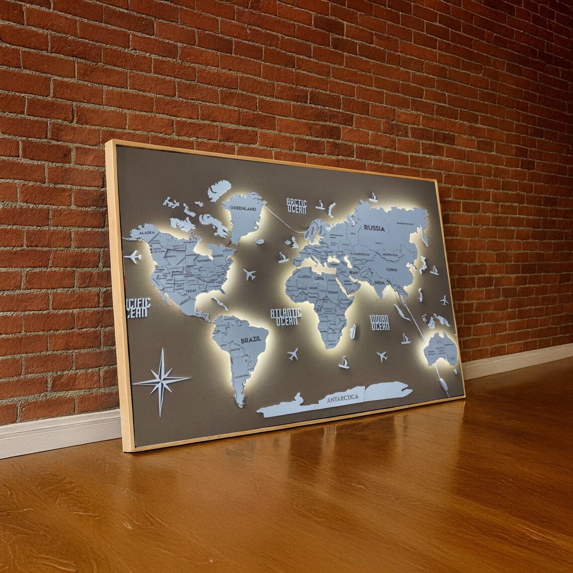 Illuminated World Map Canvas Wall Art Global Geography Decor Modern Educational Hanging Backlit Travel Theme Office