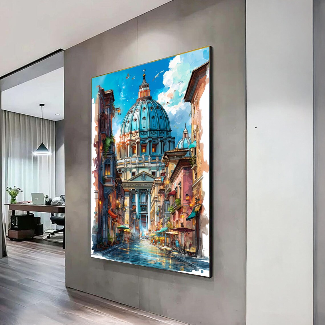 Historic European Cathedral Dome Old Town Street Watercolor Poster