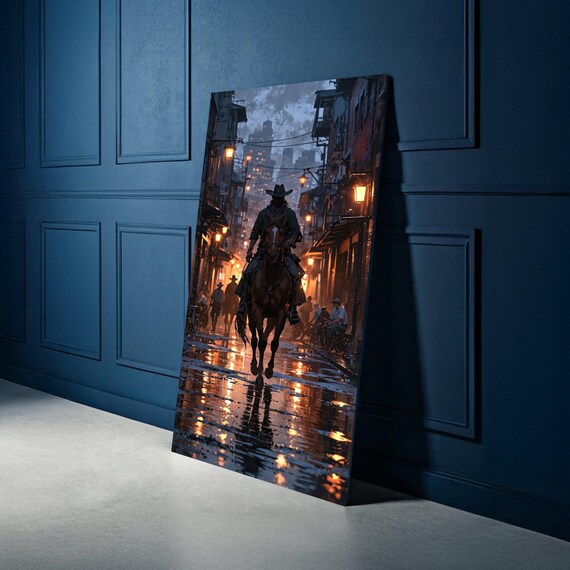 Mysterious Cowboy Rider At Night Neon City Street Rain Canvas Art Poster