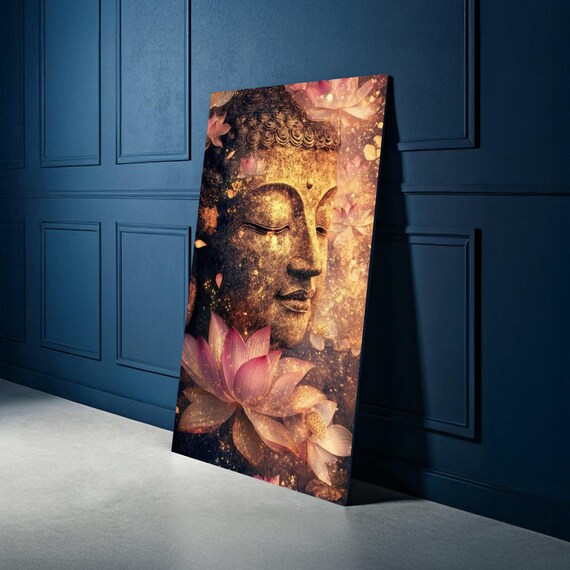 Peaceful Buddha Face Canvas Meditative Wall Art Flowers Decoration Spiritual Home Decor Zen Inspired Print