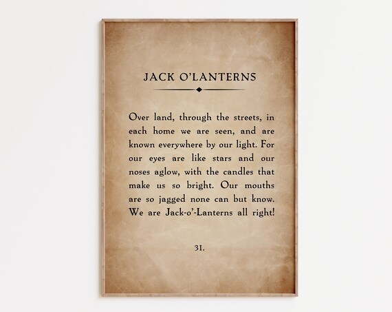 Jack O'Lanterns Vintage Book Page Poem Halloween Typography Wall Art