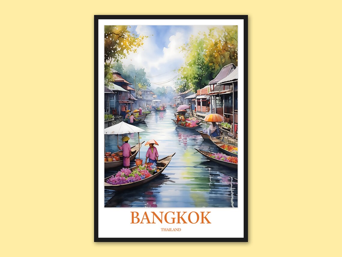 Bangkok Floating Market Flower Boats Canal Watercolor Travel Poster