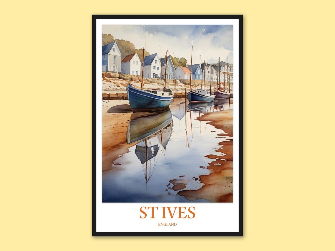 St Ives England Fishing Boats at Anchor Watercolor Travel Poster