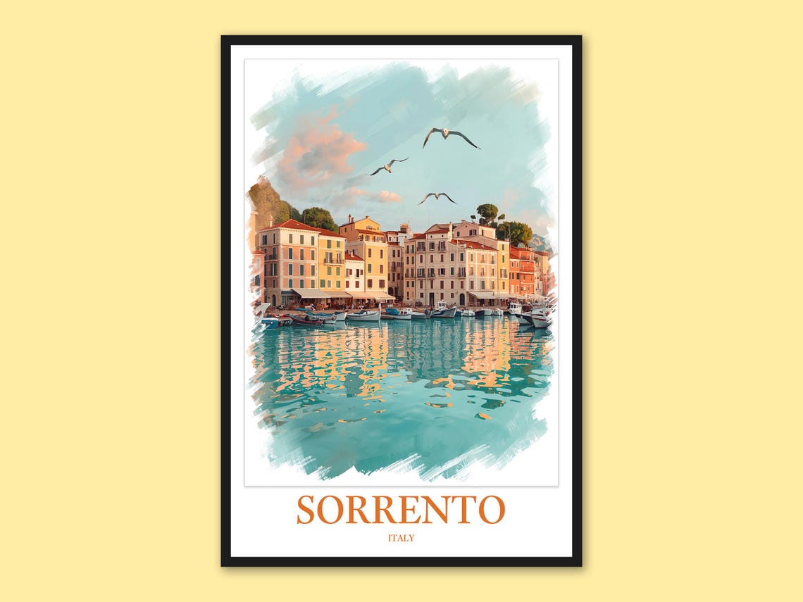 Sorrento Italy Marina Harbor Boats Seagulls Watercolor Poster