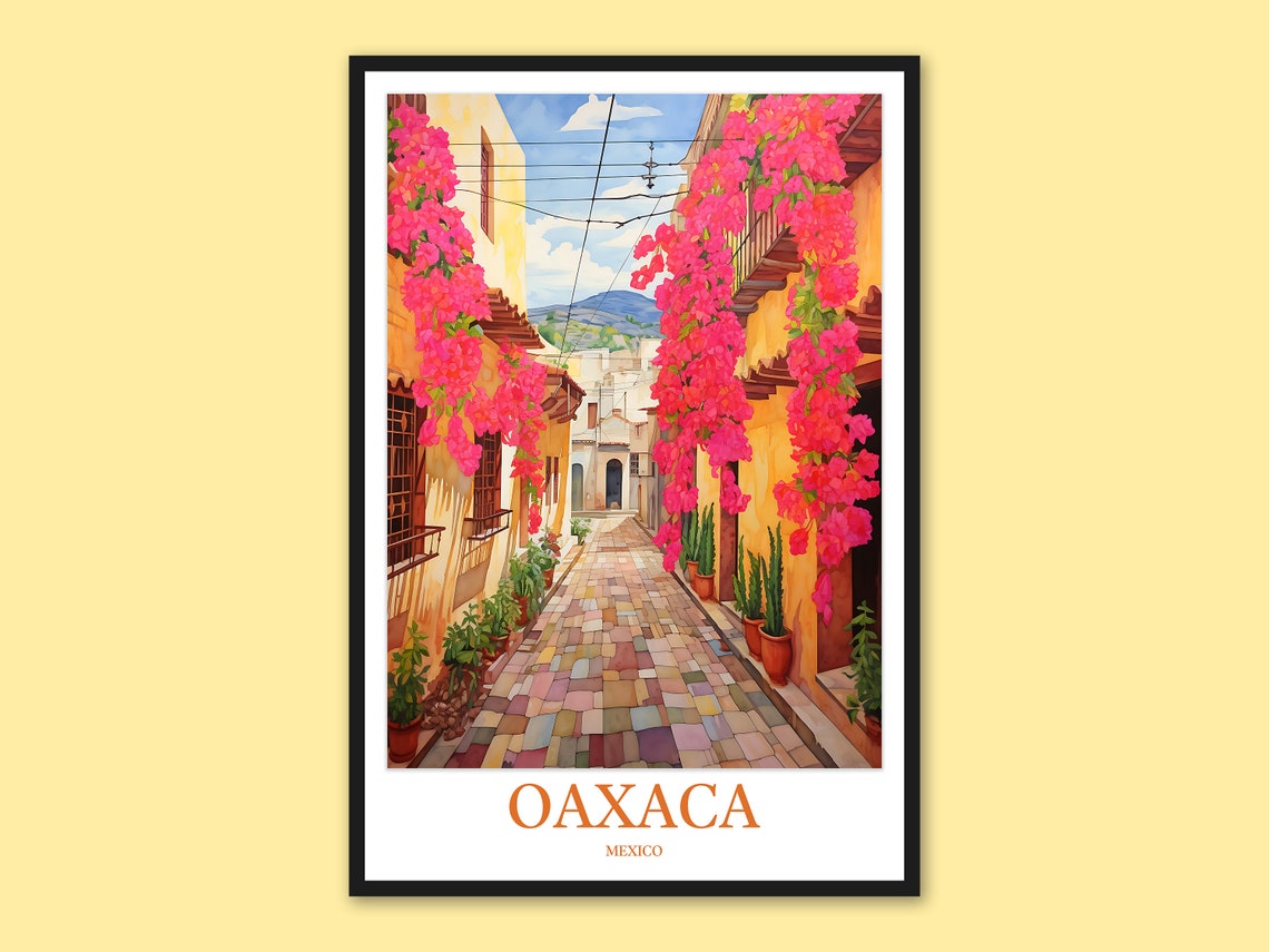 Oaxaca Mexico Bougainvillea Old Town Street Watercolor Poster