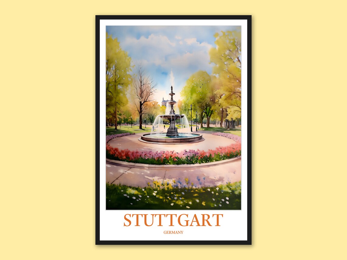 Stuttgart Germany Park Fountain Spring Watercolor Travel Poster