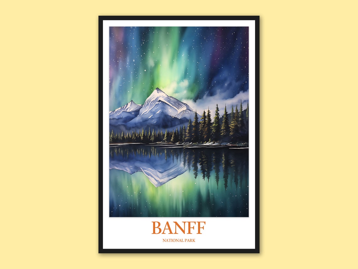 Banff National Park Aurora Borealis Night Lake Reflection Poster