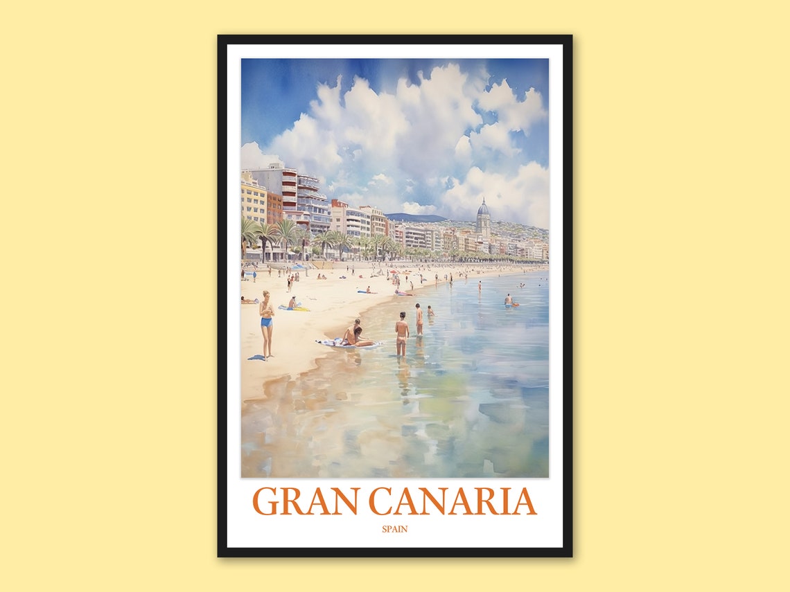 Gran Canaria Spain Watercolor Beachfront Promenade Scene Travel Poster