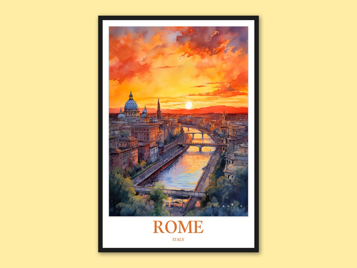 Rome Italy Watercolor Poster Dramatic Fiery Sunset Over Tiber River