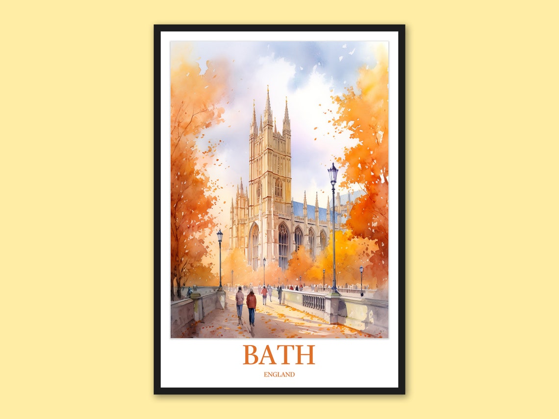 Bath England Autumn Abbey Street Lamppost Watercolor Art Poster