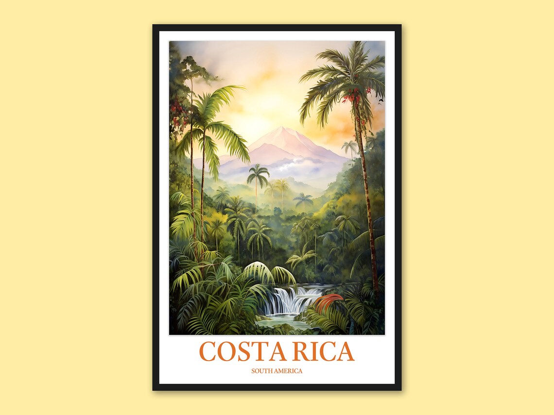 Costa Rica Arenal Volcano Waterfall Jungle Sunrise Travel Poster