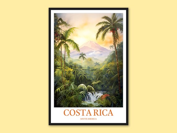 Costa Rica Arenal Volcano Waterfall Jungle Sunrise Travel Poster