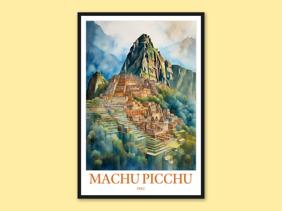 Machu Picchu Lush Green Terraced City Watercolor Travel Poster