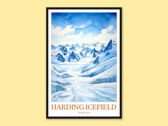 Harding Icefield Alaska Glacier Valley Watercolor Travel Poster