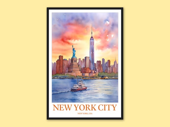 New York City Statue Of Liberty Sunset Watercolor Travel Poster