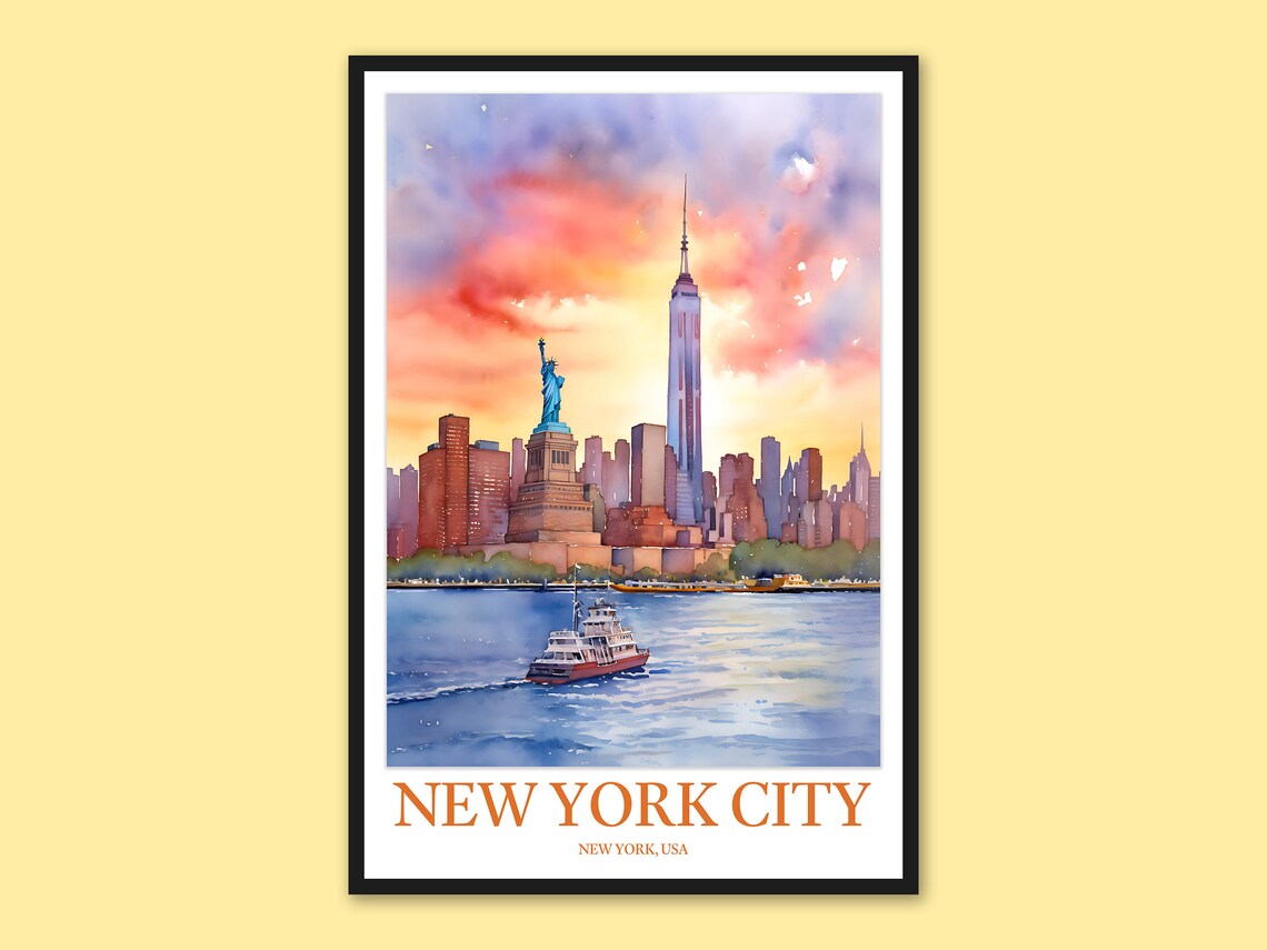 New York City Statue Of Liberty Sunset Watercolor Travel Poster