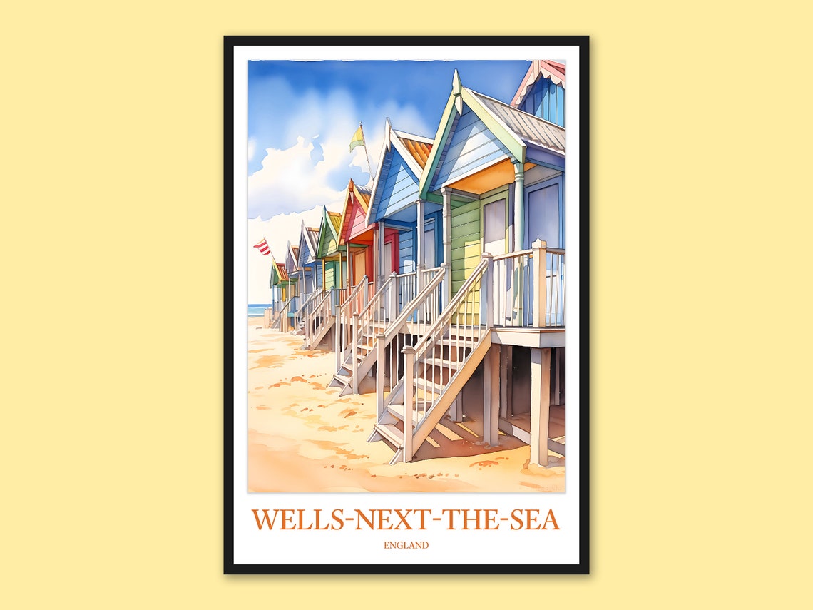Wells next the Sea England Beach Huts with Steps Travel Poster